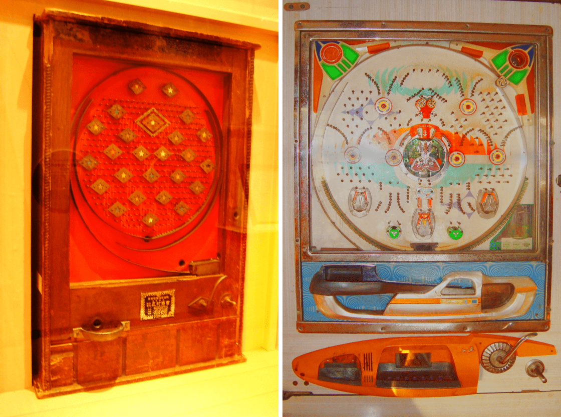 Phiên bản máy Pachinko trước chiến tranh (trái) và bản cơ khí sau thập niên 70